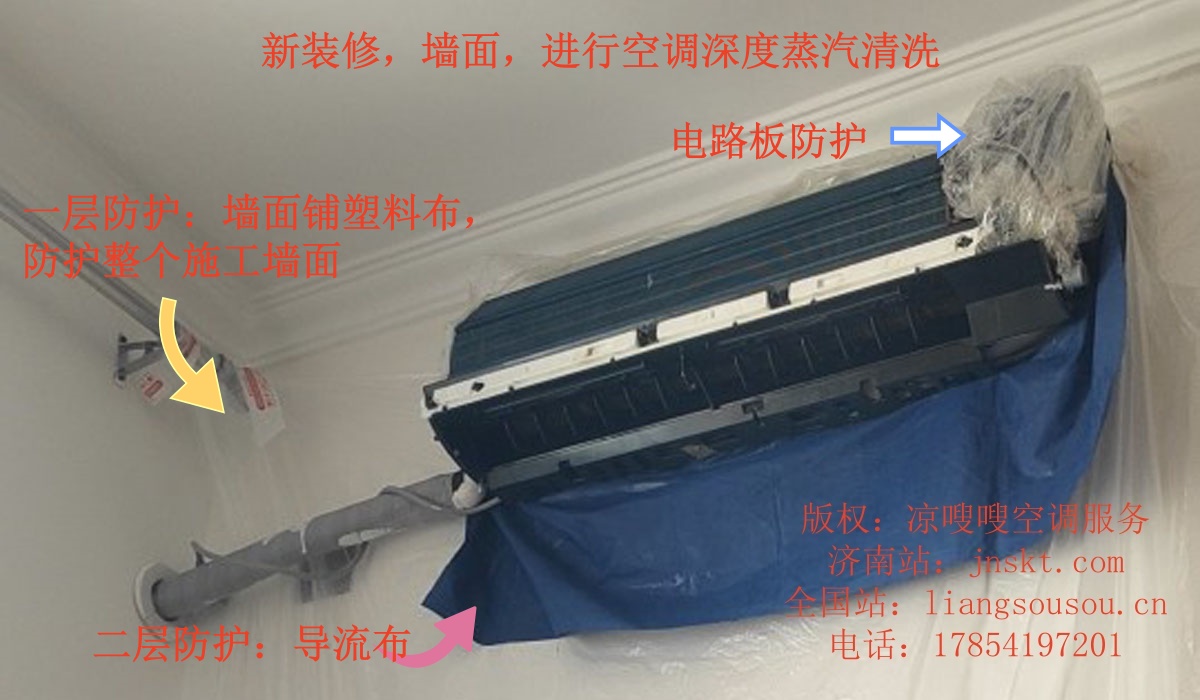 墙面防护实拍：塑料布覆盖、导流布、接水罩三层防护